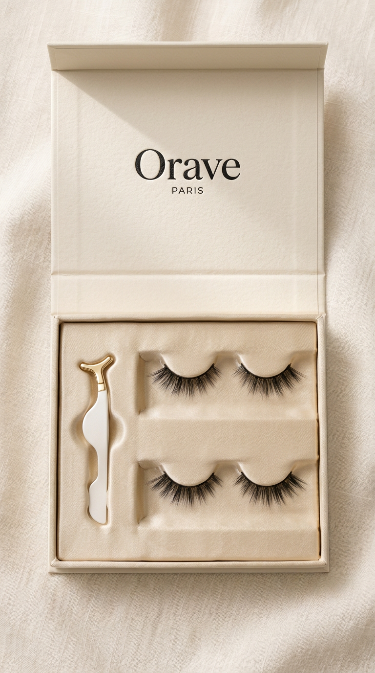 Orave Signature Magnetic Lash Kit open: keepsake box with two pairs of magnetic lashes and a precision applicator