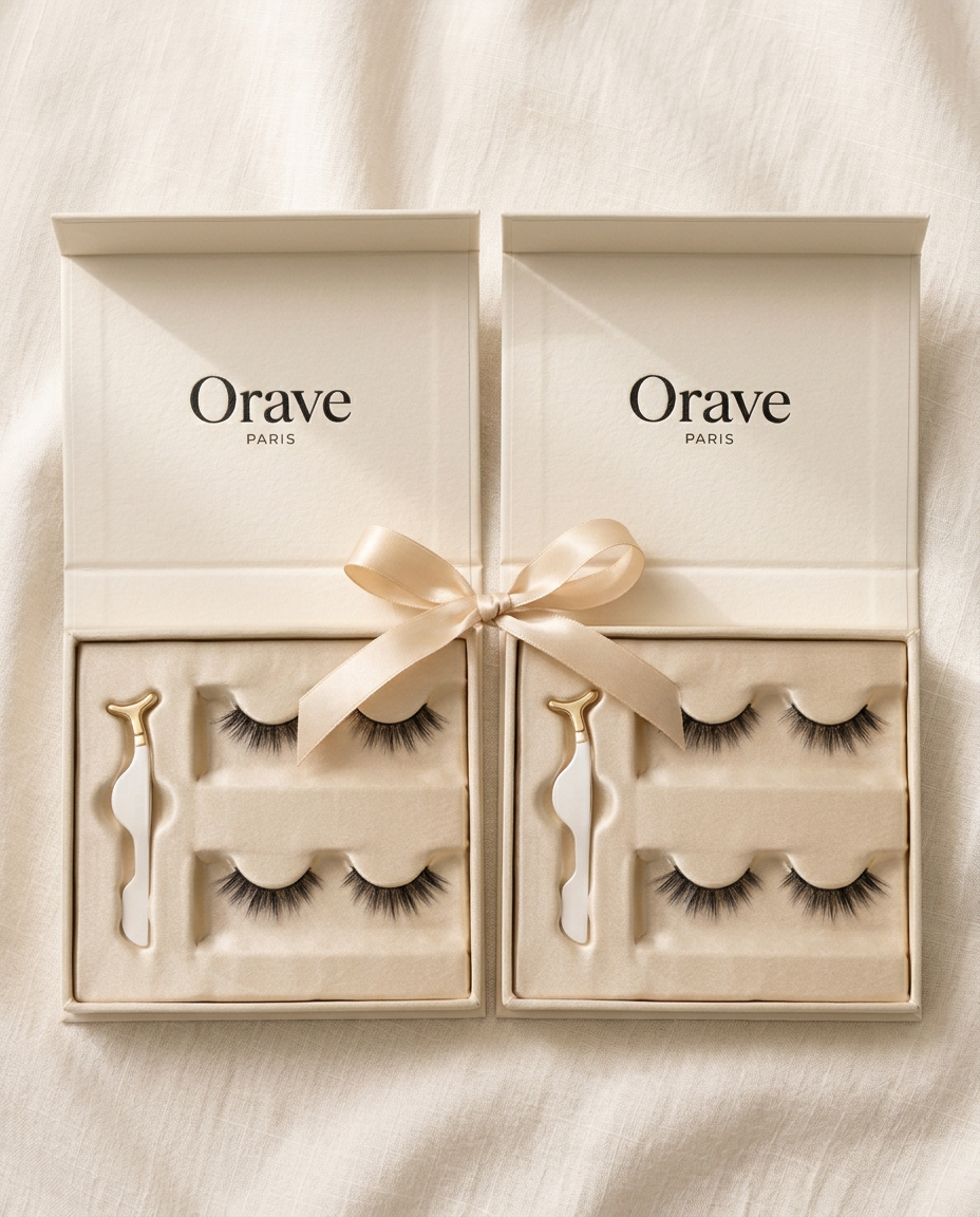 The Duo: two open Orave magnetic lash kits tied with a champagne satin ribbon, ready to gift