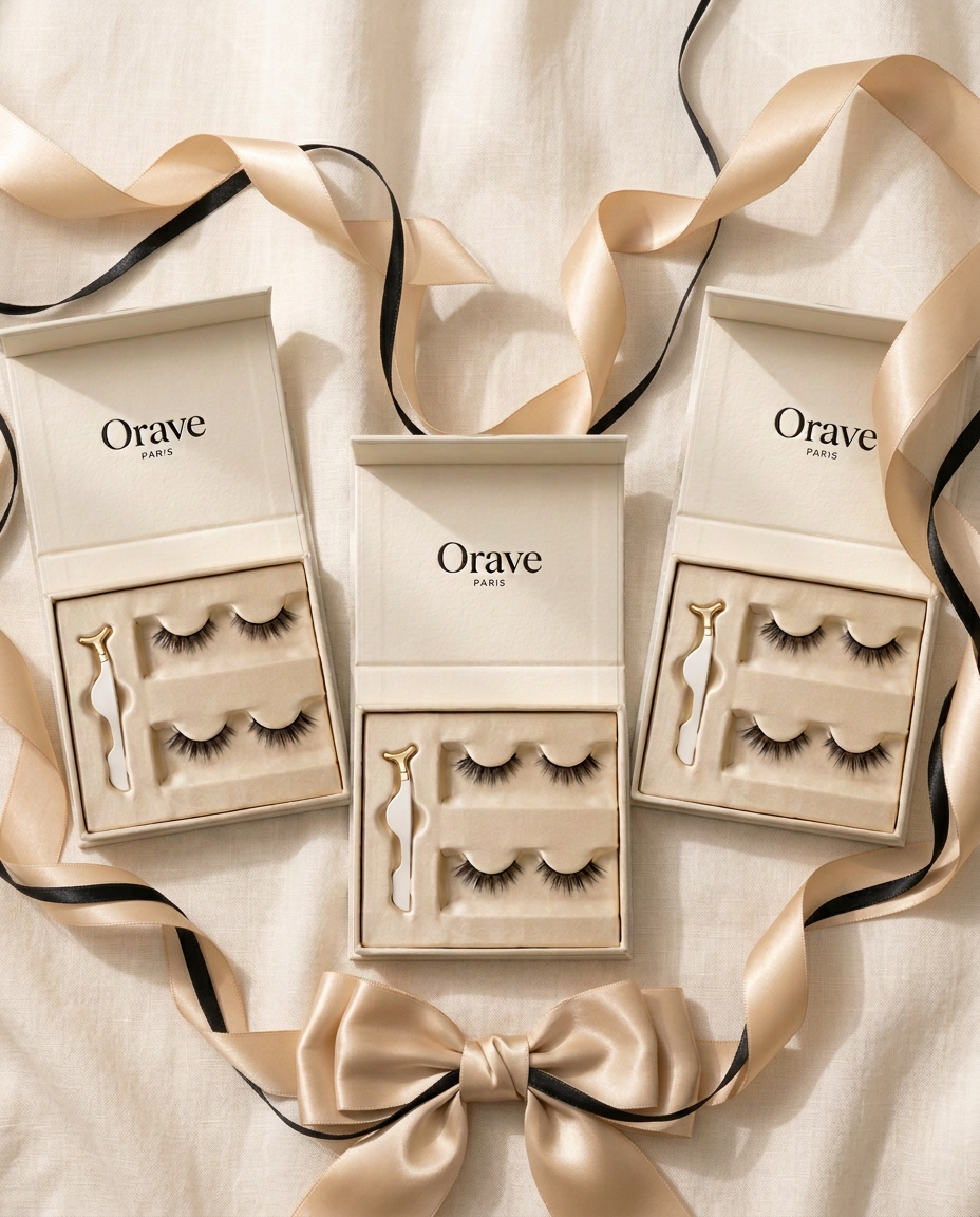 The Trio: three open Orave magnetic lash kits with champagne and black satin ribbons, best value gift set